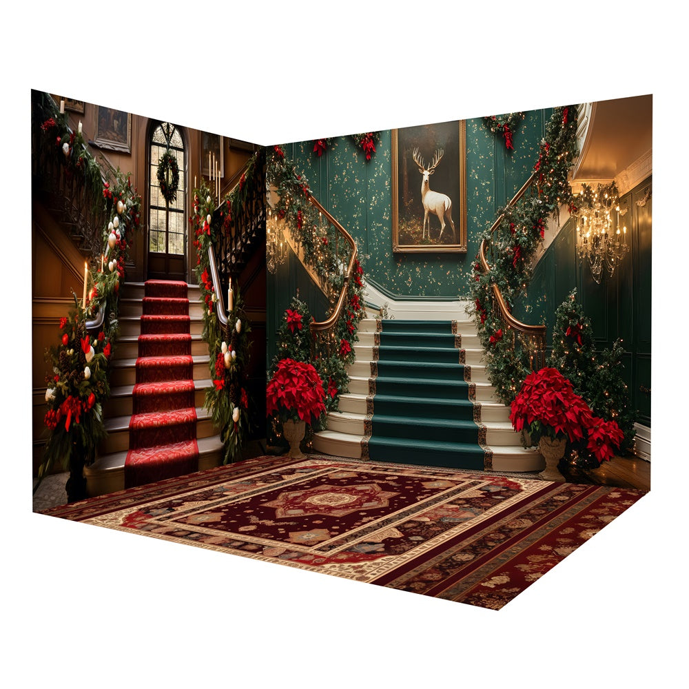 Ensemble de chambre rétro avec escalier et tapis bordeaux pour Noël RR8-626