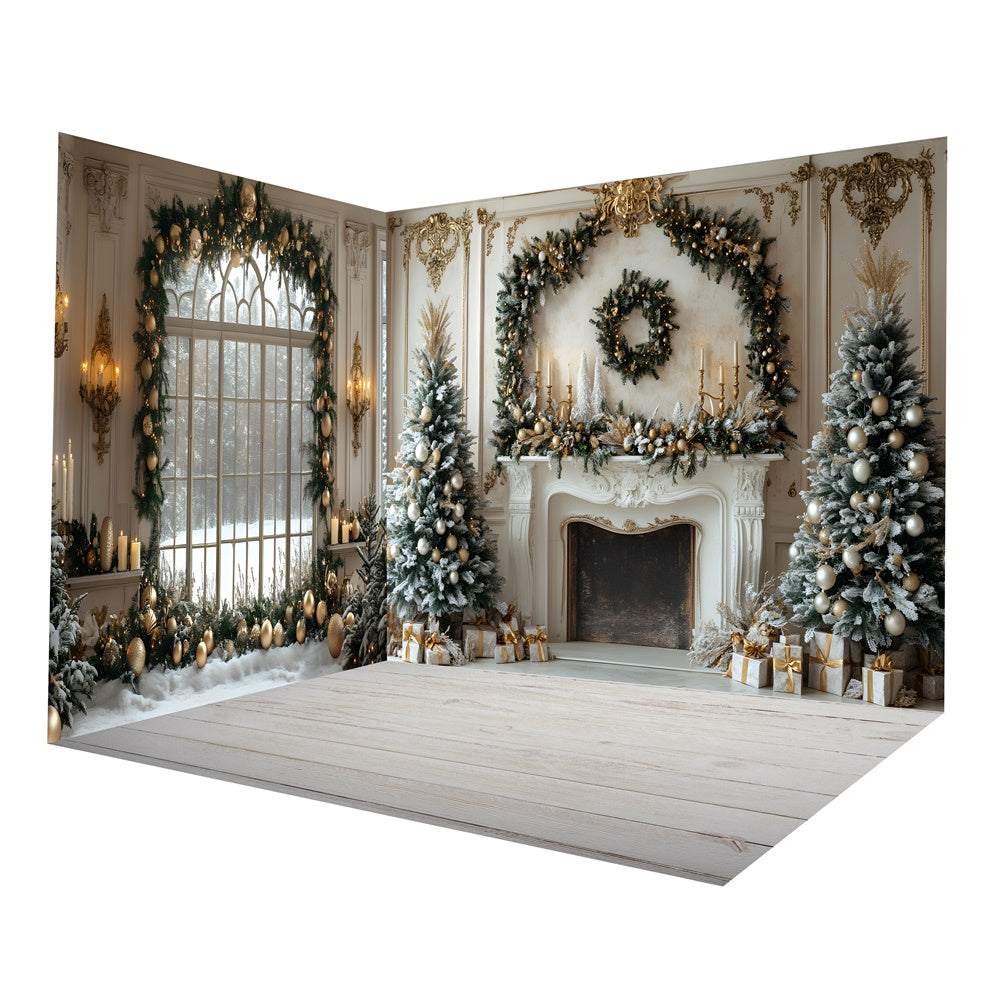 Ensemble de chambre rétro avec mur cheminée couronne et fenêtre pour Noël RR8-627