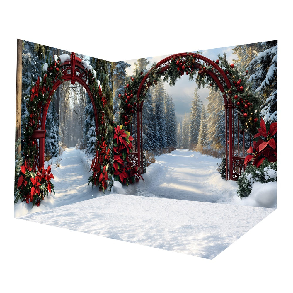 Ensemble de chambre de forêt enneigée avec poinsettias pour Noël RR8-631