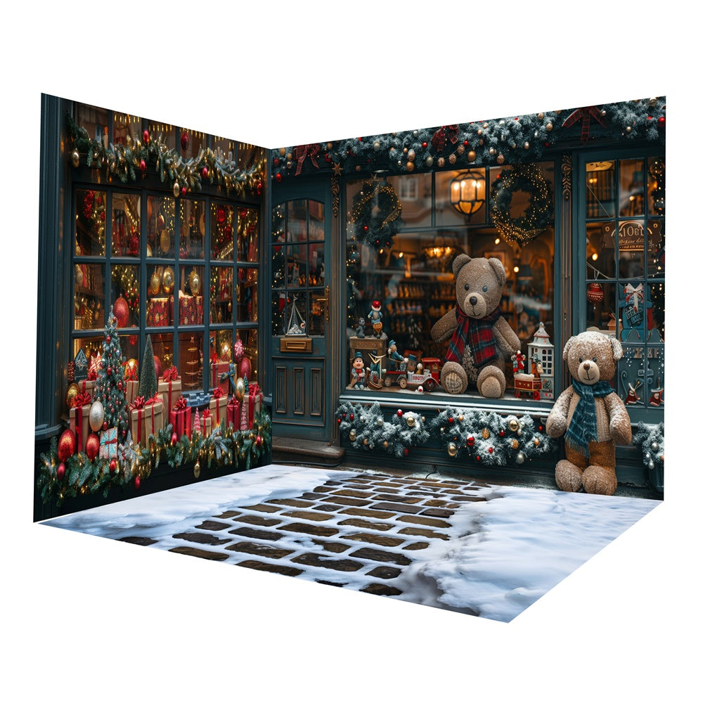 Ensemble de chambre de boutique de jouets et peluches dans la neige pour Noël RR8-632