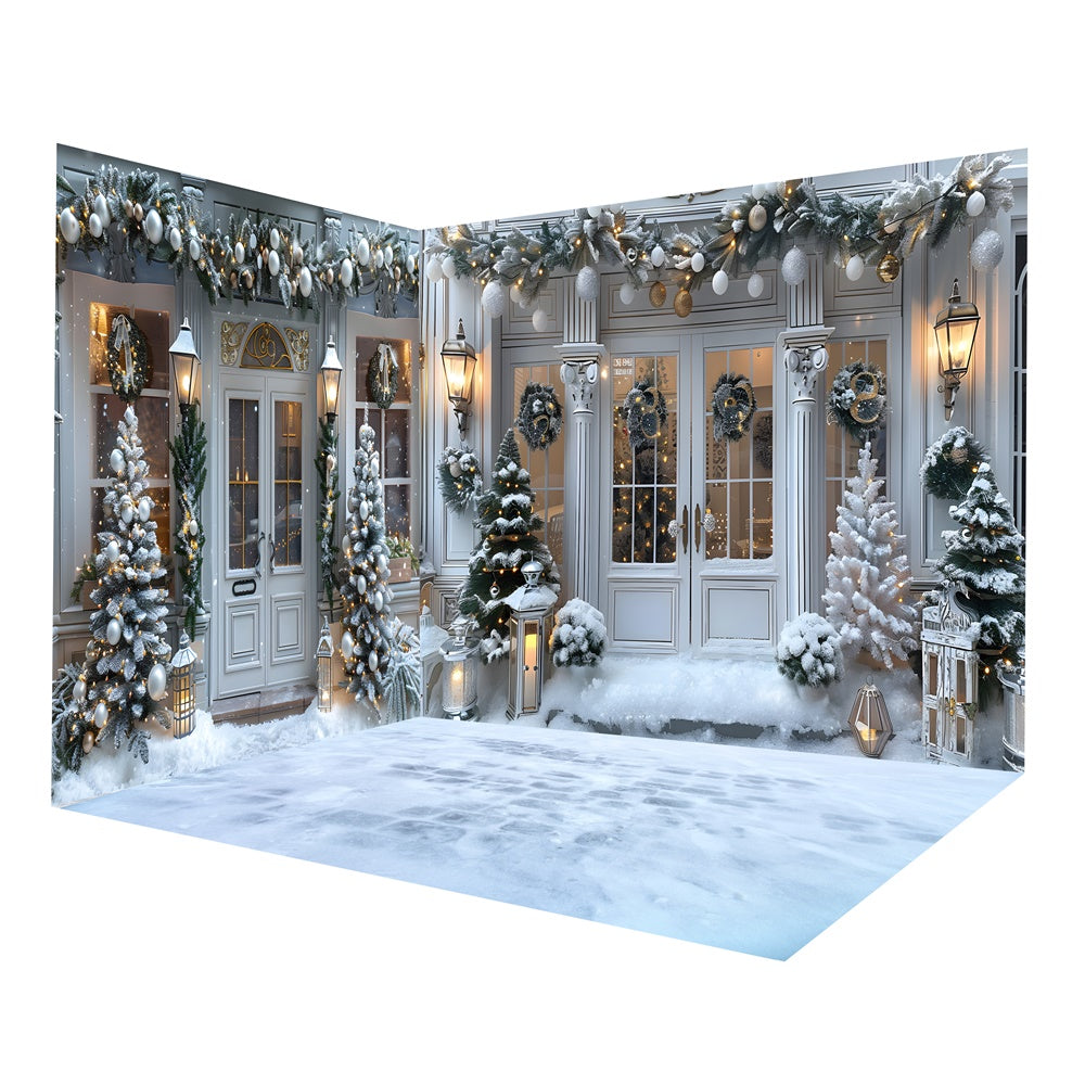 Ensemble de chambre de porte décorée avec arbre de Noël et neige RR8-634