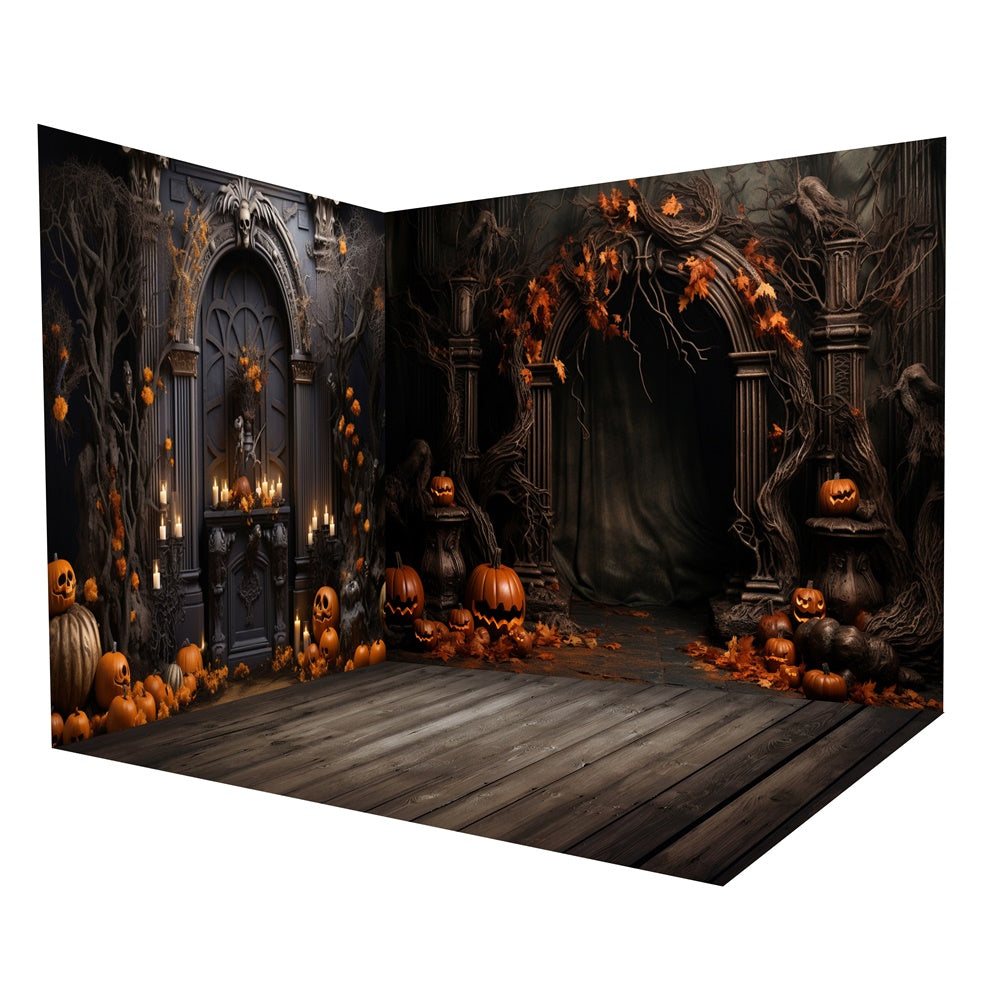 Ensemble de chambre avec arc de mur porte et citrouilles pour Halloween RR8-639