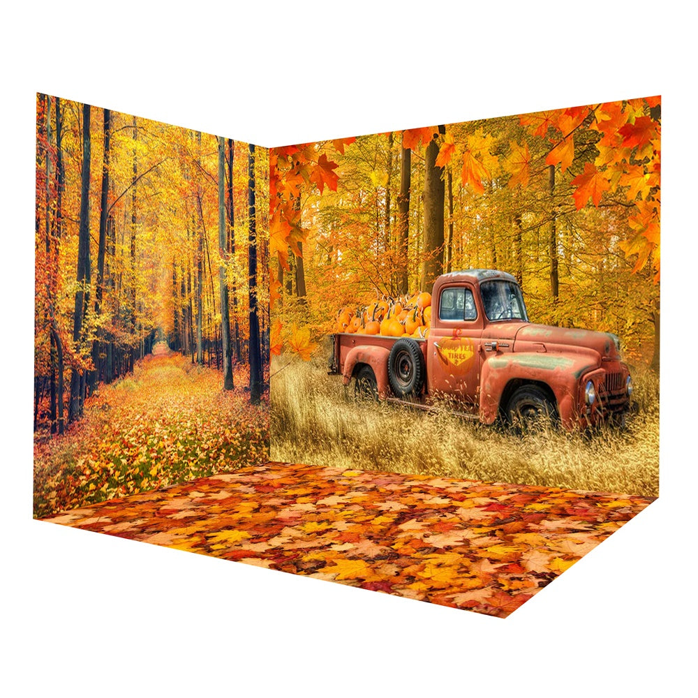 Ensemble de chambre de forêt d'érables rouges avec camion d'automne RR8-665