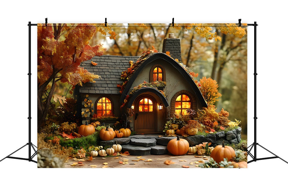 Toile de fond Maison en bois en forêt automnale avec citrouilles RR9-10