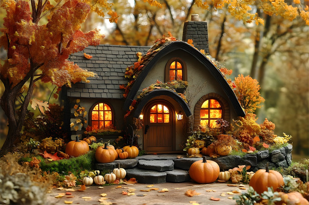 Toile de fond Maison en bois en forêt automnale avec citrouilles RR9-10
