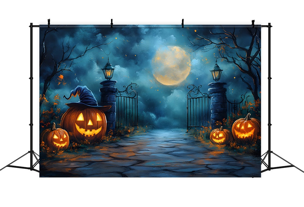 Toile de fond Lune effrayante avec portail de cimetière d'Halloween RR9-100