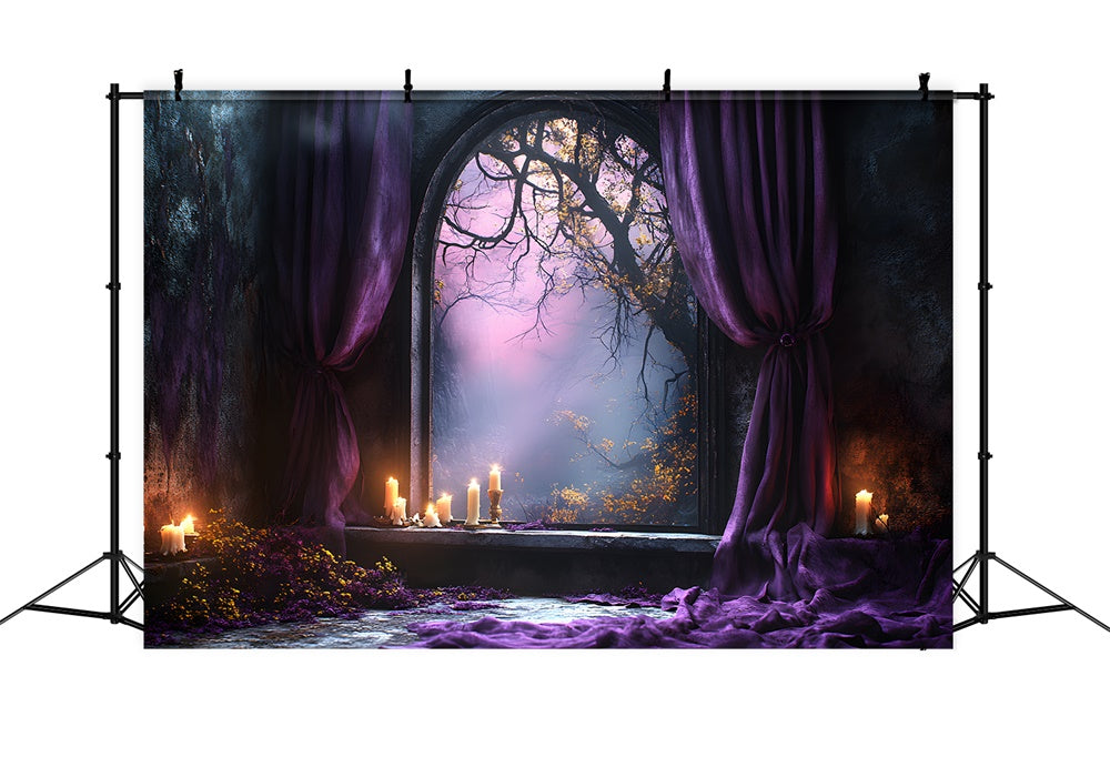 Toile de fond Forêt avec porte en arche et rideau violet d'Halloween RR9-102