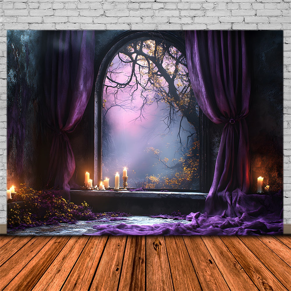 Toile de fond Forêt avec porte en arche et rideau violet d'Halloween RR9-102