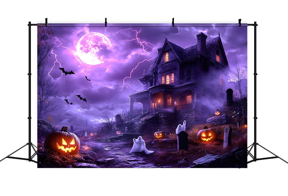 Toile de fond Ciel violet avec éclairs et fantômes d'Halloween RR9-108