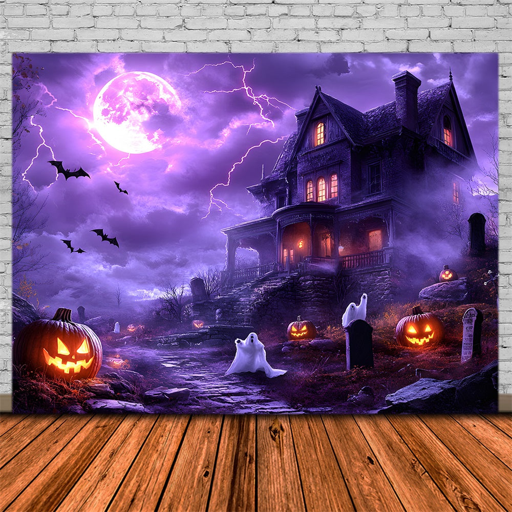 Toile de fond Ciel violet avec éclairs et fantômes d'Halloween RR9-108