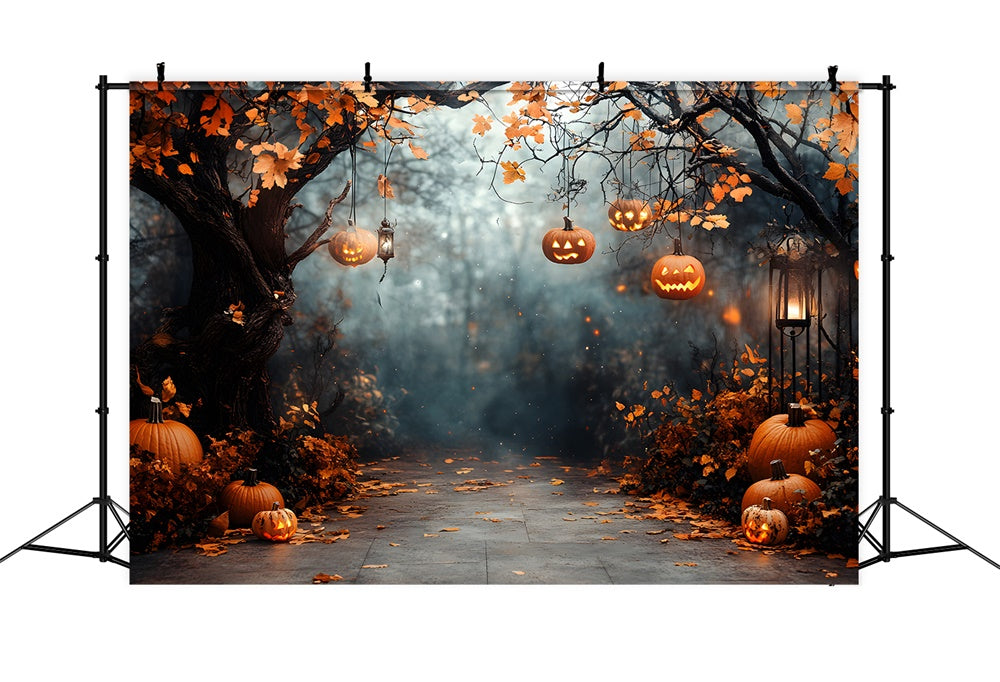 Toile de fond Citrouilles avec guirlandes lumineuses dans forêt d'Halloween RR9-117