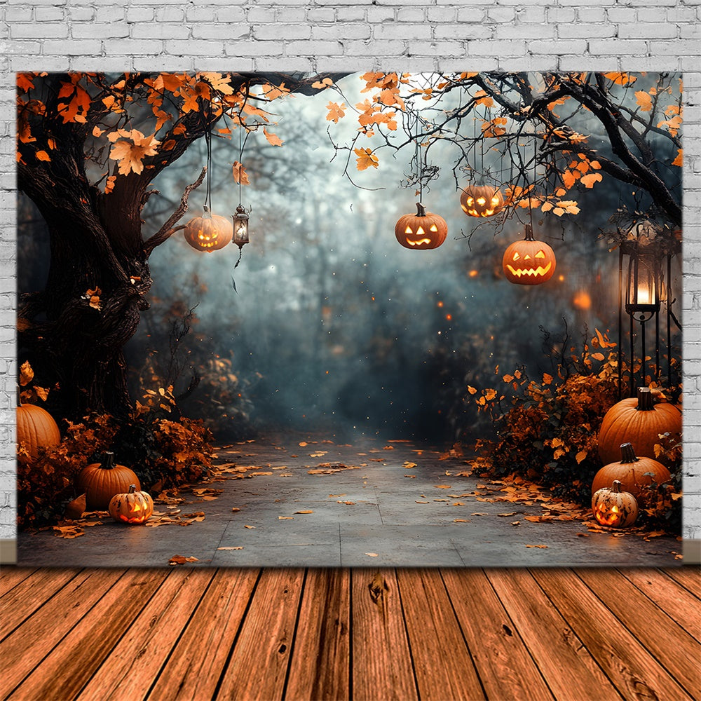 Toile de fond Citrouilles avec guirlandes lumineuses dans forêt d'Halloween RR9-117