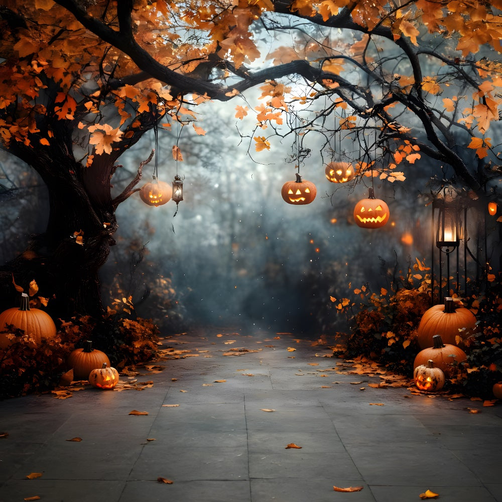 Toile de fond Citrouilles avec guirlandes lumineuses dans forêt d'Halloween RR9-117