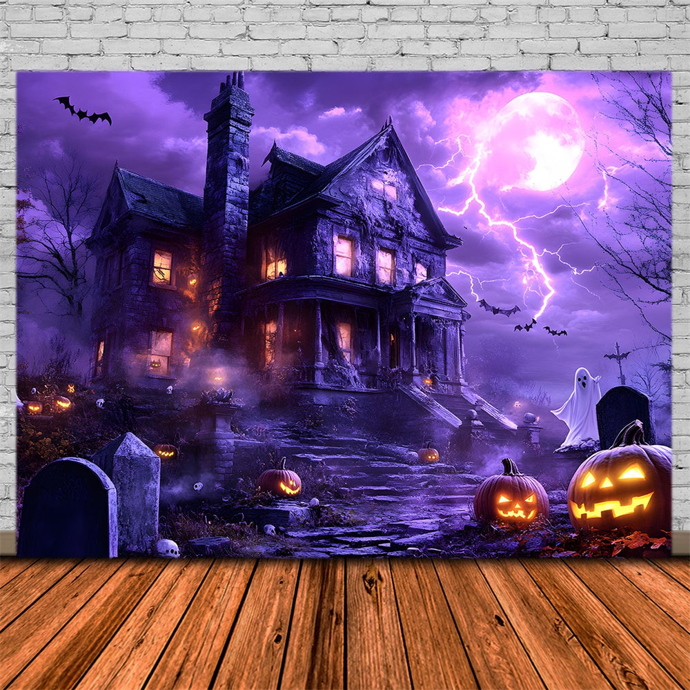 Toile de fond Maison hantée illuminée dans la nuit d'Halloween RR9-119