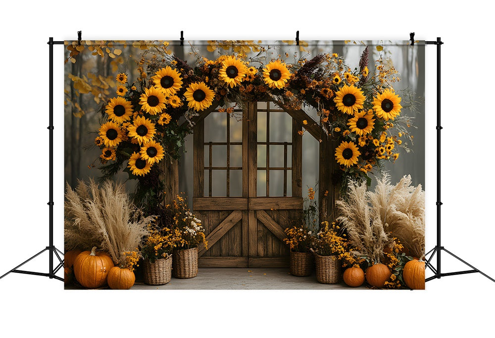 Toile de fond Porte en bois avec guirlande de tournesols automnaux RR9-13