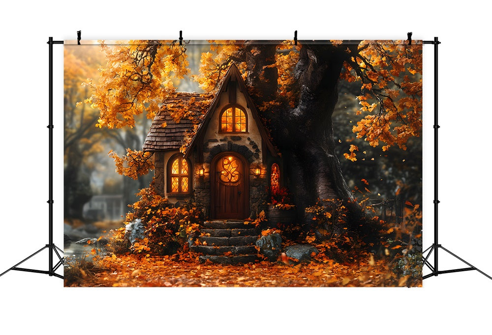 Toile de fond Maison dans les arbres en forêt d'érables automnale RR9-22