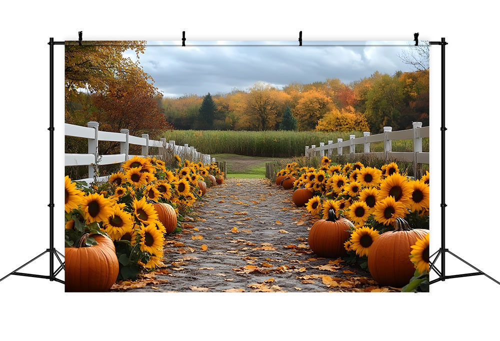 Toile de fond Sentier de tournesols et citrouilles en forêt automnale RR9-38