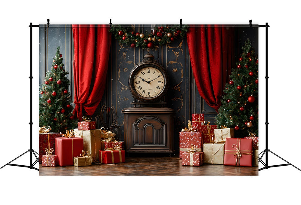 Toile de fond Mur rétro de Noël avec horloge et boîtes cadeaux RR9-42