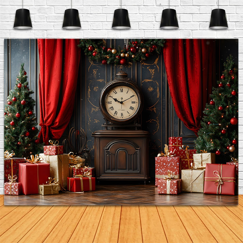 Toile de fond Mur rétro de Noël avec horloge et boîtes cadeaux RR9-42