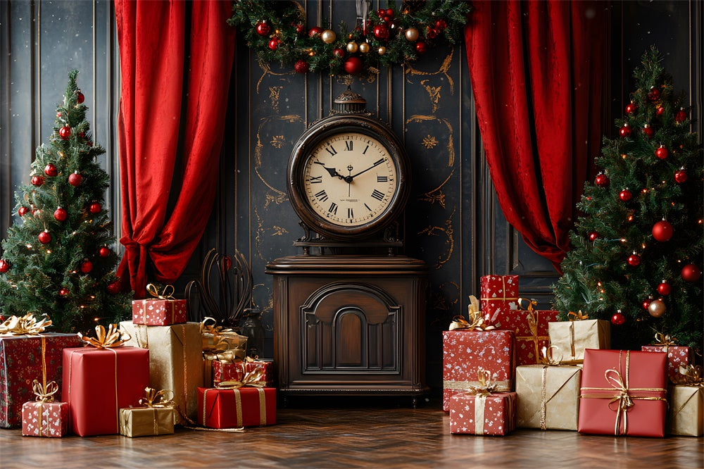 Toile de fond Mur rétro de Noël avec horloge et boîtes cadeaux RR9-42