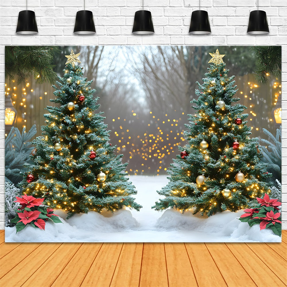 Toile de fond Sapin de Noël lumineux dans paysage enneigé RR9-44