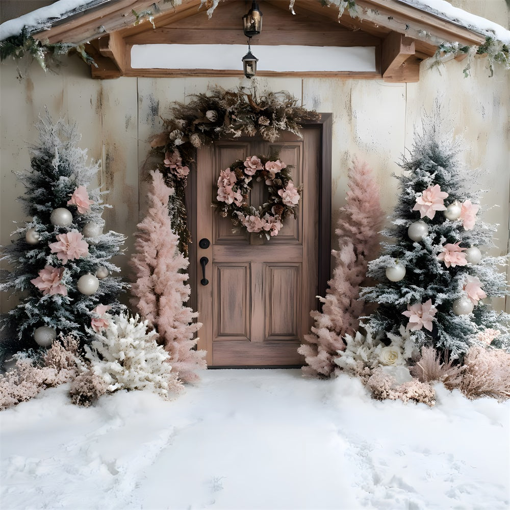 Toile de fond Sapin rose de Noël avec couronne et porte sous la neige RR9-45