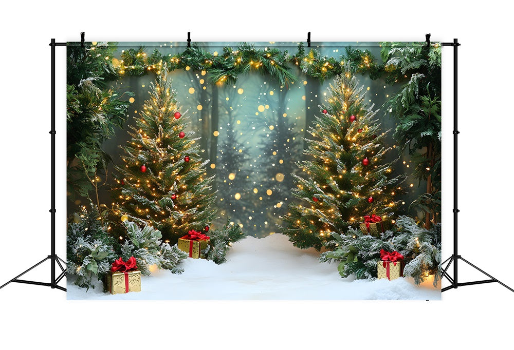 Toile de fond Forêt enneigée de Noël avec arbres lumineux RR9-46