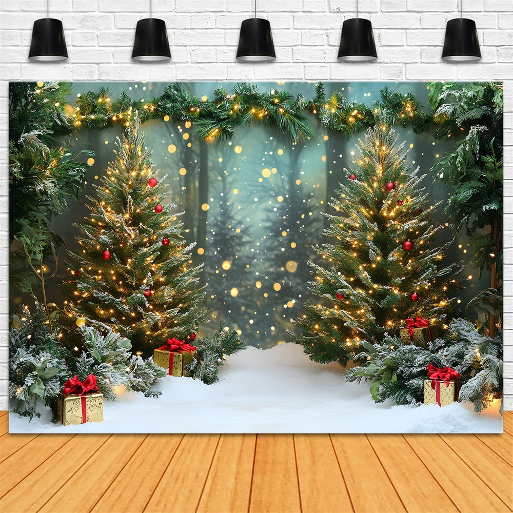 Toile de fond Forêt enneigée de Noël avec arbres lumineux RR9-46