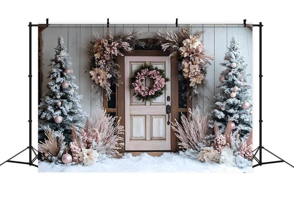 Toile de fond Porte décorée de Noël avec mur couronne et arbres RR9-48