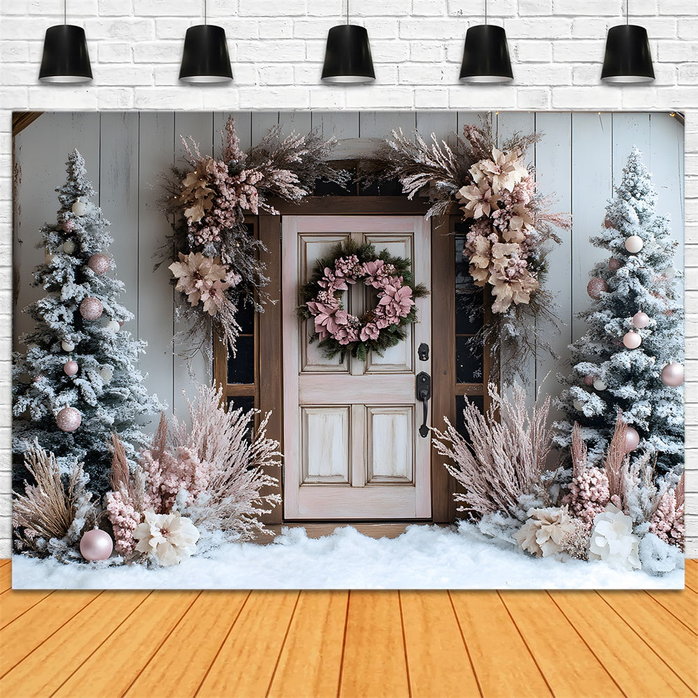 Toile de fond Porte décorée de Noël avec mur couronne et arbres RR9-48