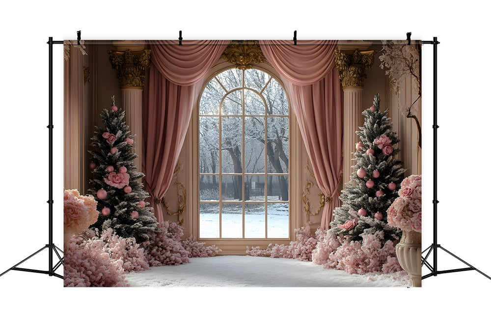 Toile de fond Sapin de Noël avec rideau rose et vue sur fenêtre RR9-49