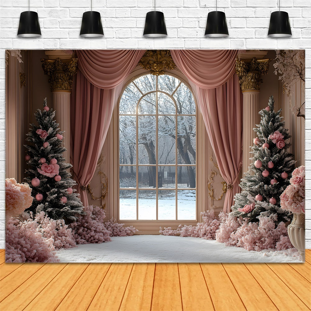 Toile de fond Sapin de Noël avec rideau rose et vue sur fenêtre RR9-49