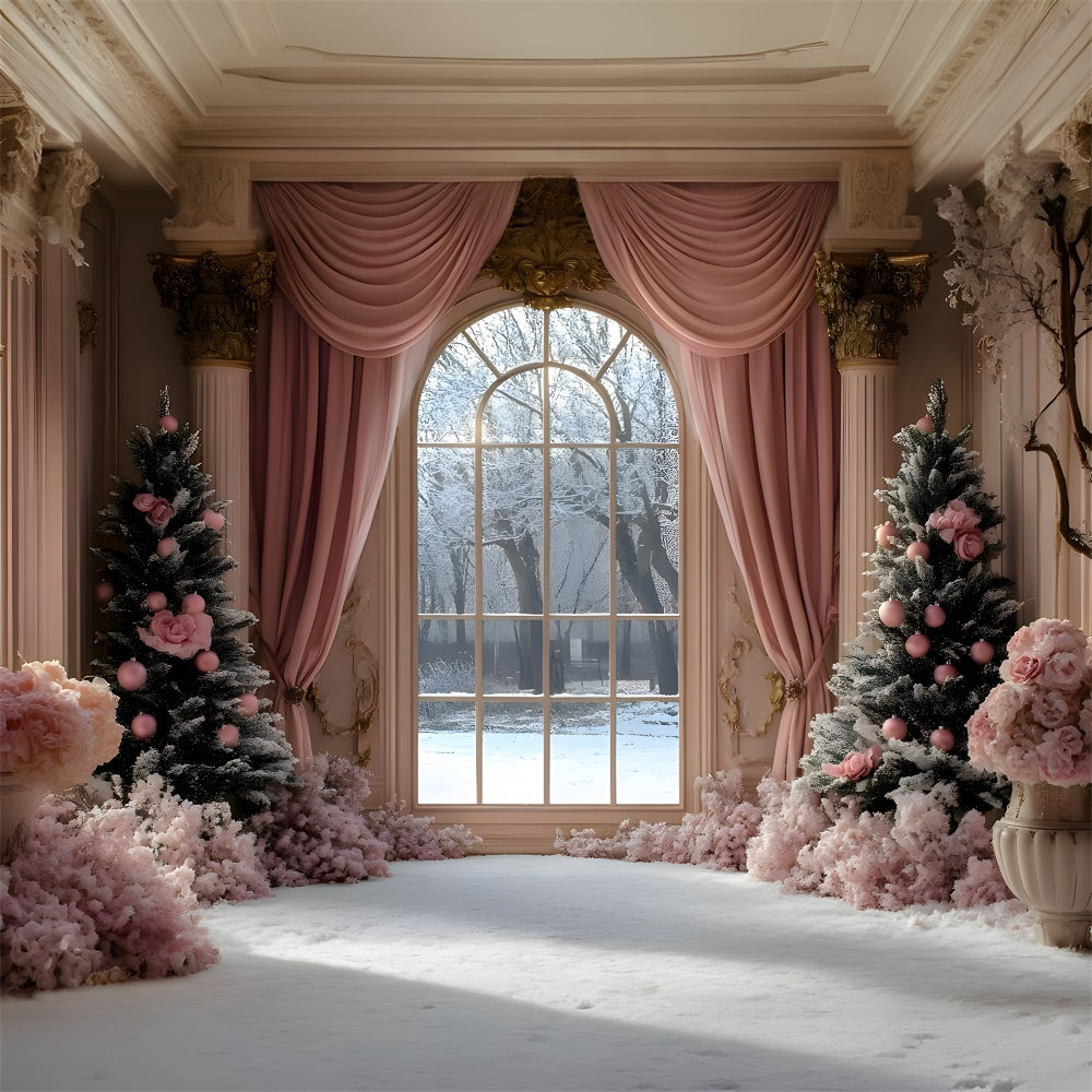 Toile de fond Sapin de Noël avec rideau rose et vue sur fenêtre RR9-49