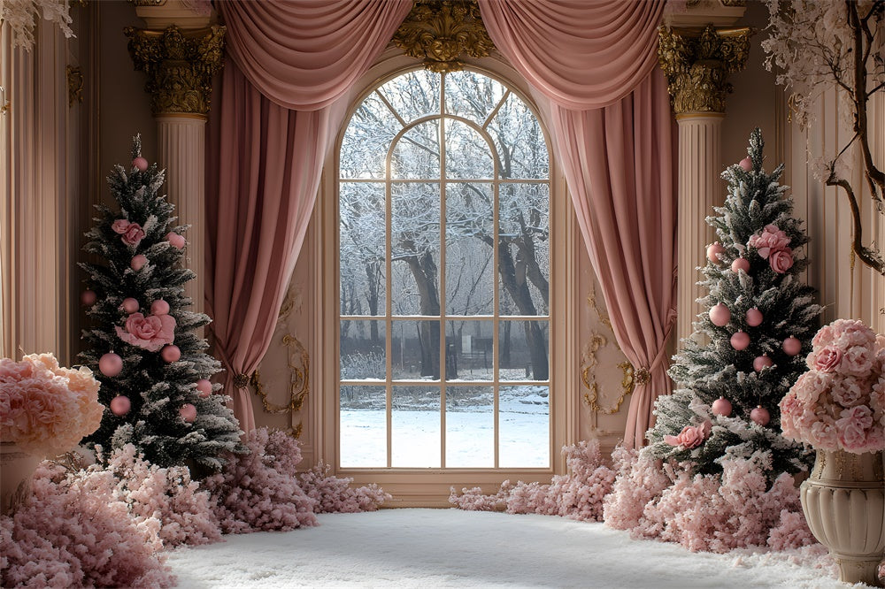 Toile de fond Sapin de Noël avec rideau rose et vue sur fenêtre RR9-49