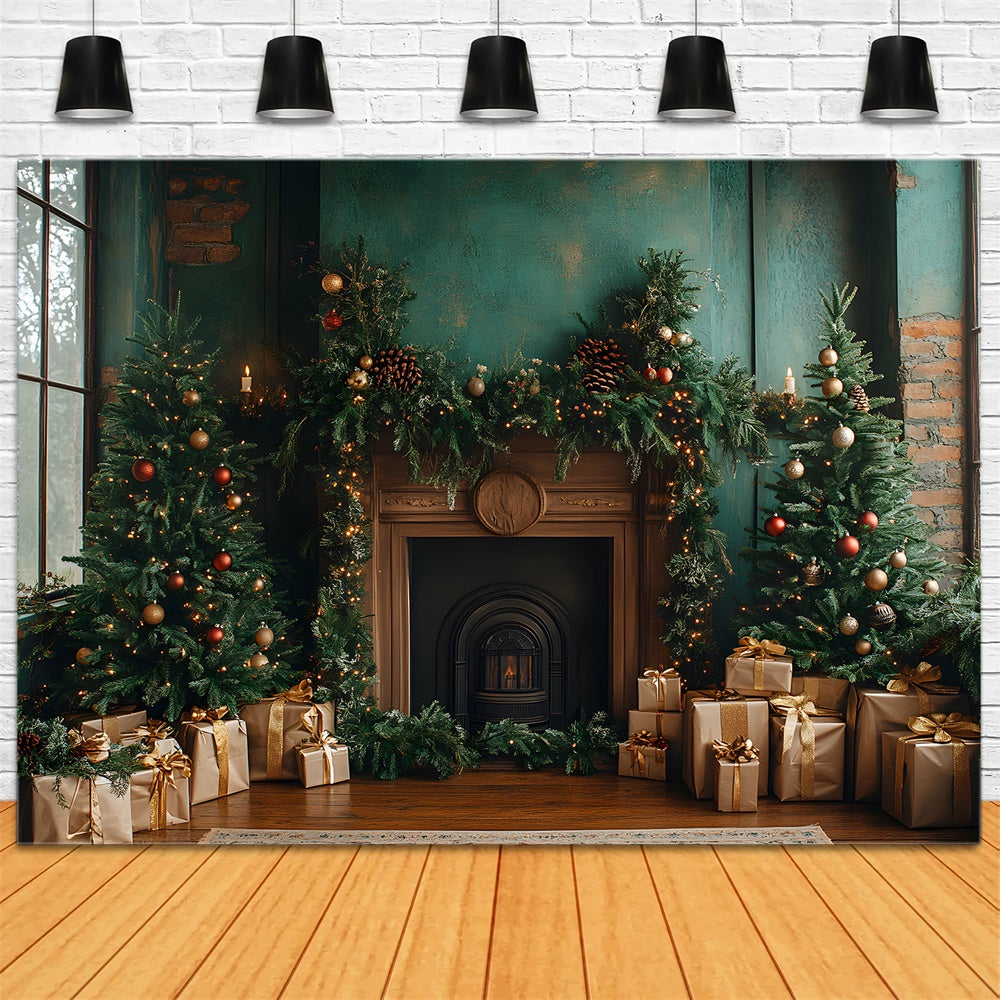 Toile de fond Sapins de Noël avec couronne et boîtes cadeaux RR9-54