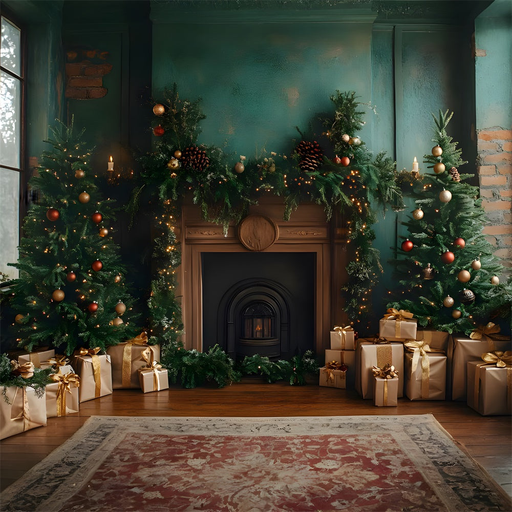 Toile de fond Sapins de Noël avec couronne et boîtes cadeaux RR9-54
