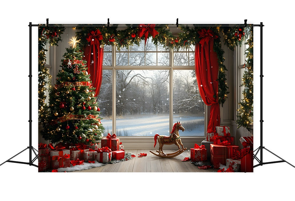 Toile de fond Fenêtre décorée de Noël avec vue sur neige RR9-56