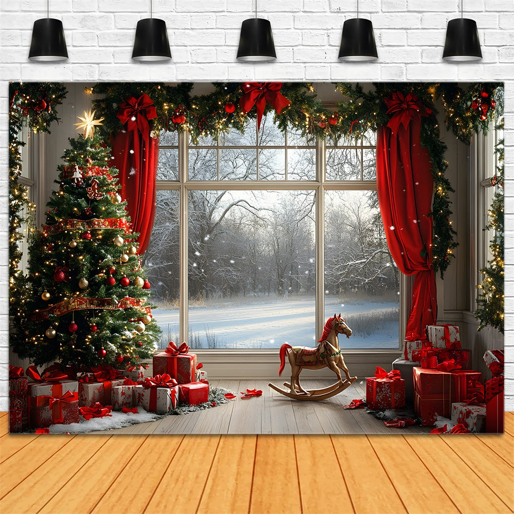 Toile de fond Fenêtre décorée de Noël avec vue sur neige RR9-56