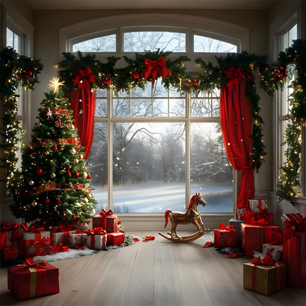 Toile de fond Fenêtre décorée de Noël avec vue sur neige RR9-56