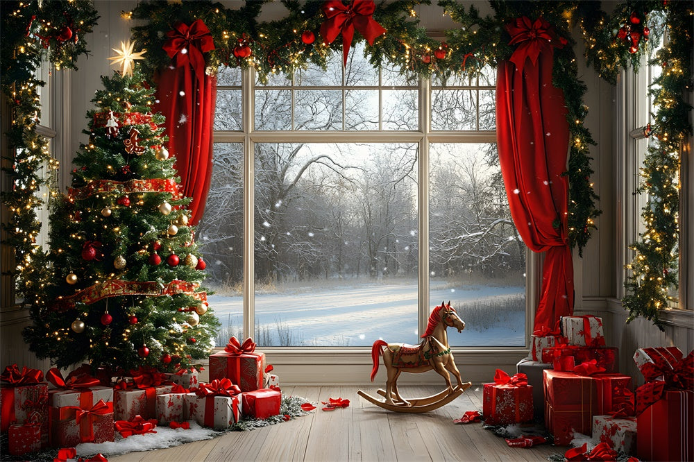 Toile de fond Fenêtre décorée de Noël avec vue sur neige RR9-56