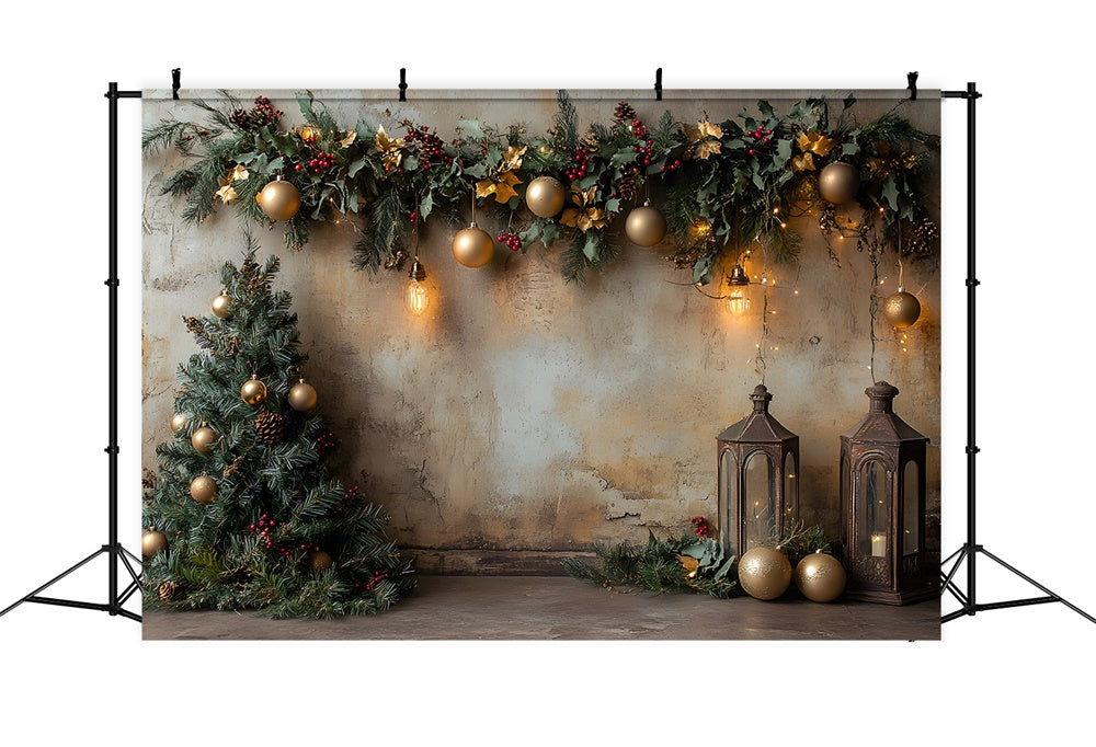 Toile de fond Mur décoré de Noël avec sapin et boules RR9-57