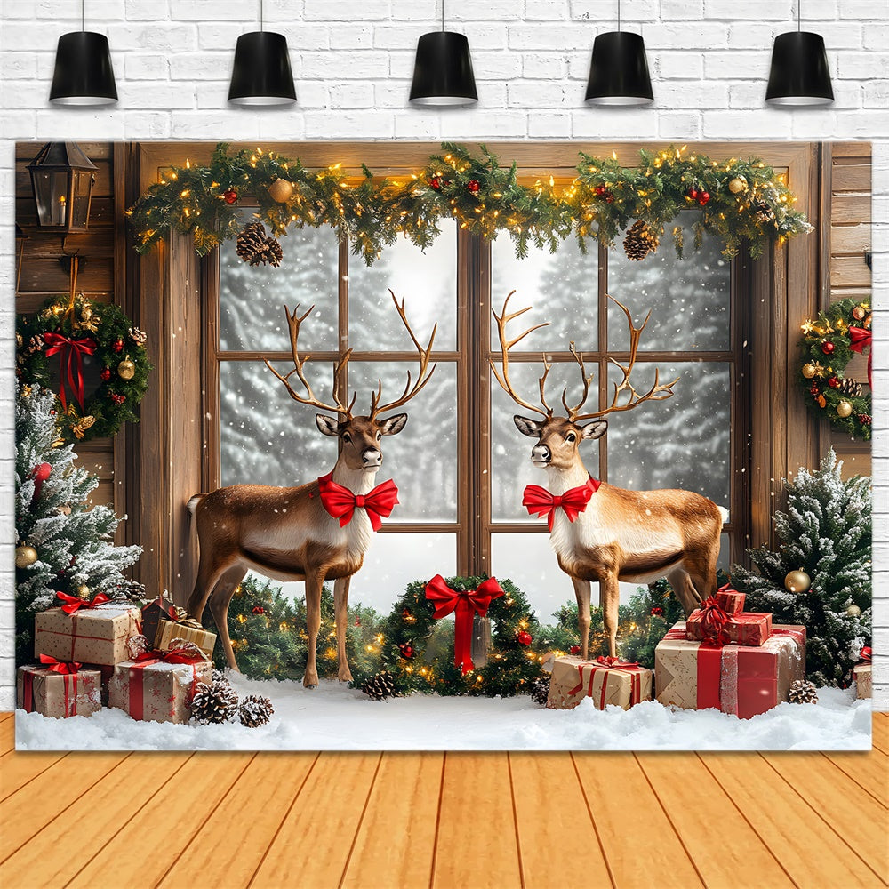 Toile de fond Fenêtre décorée de Noël avec couronne et renne RR9-60