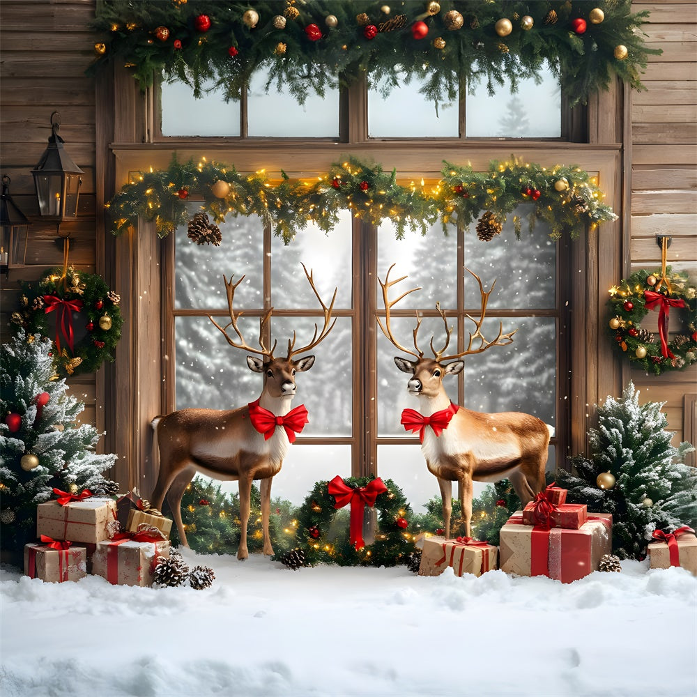 Toile de fond Fenêtre décorée de Noël avec couronne et renne RR9-60
