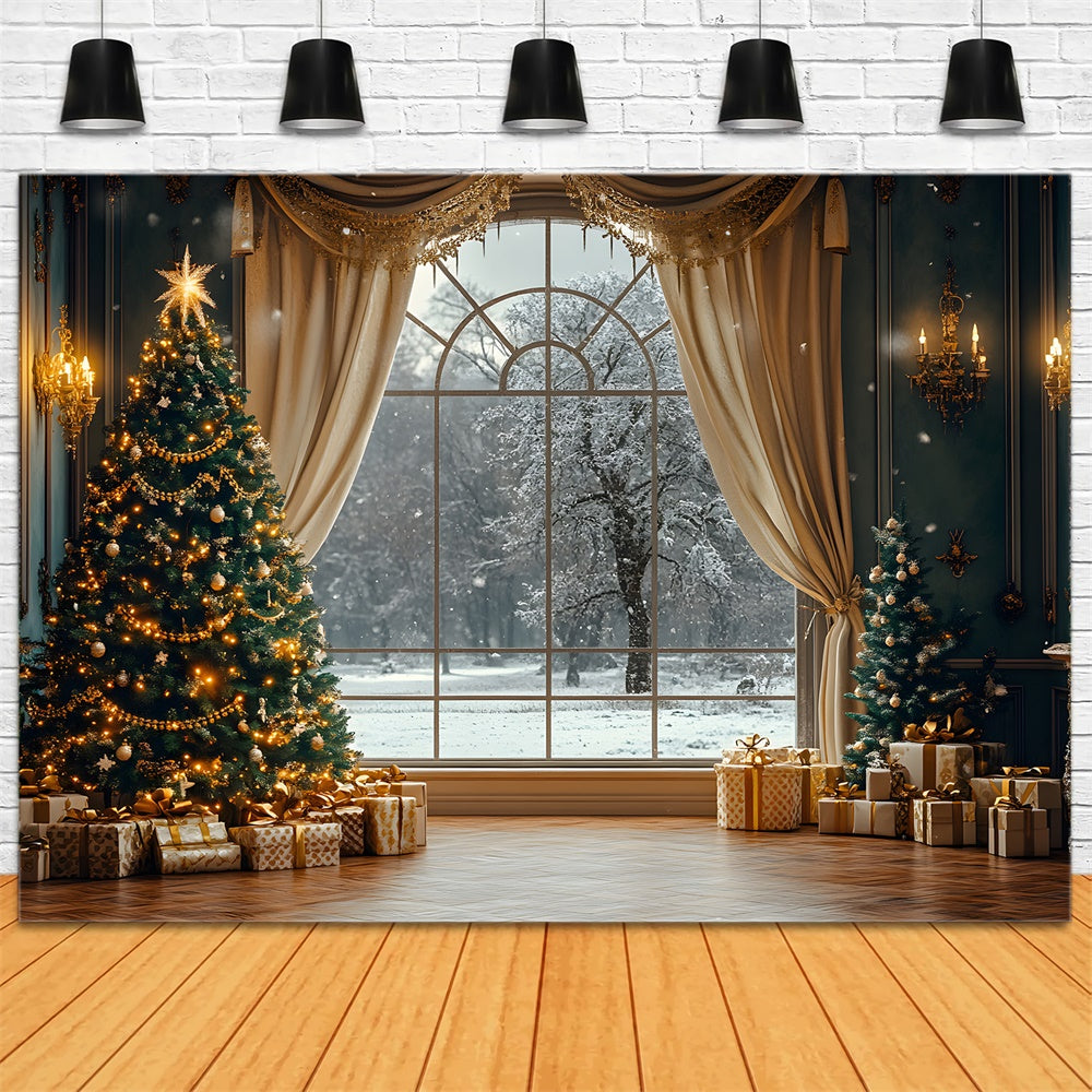 Toile de fond Vue sur fenêtre avec sapins étincelants et neige RR9-65