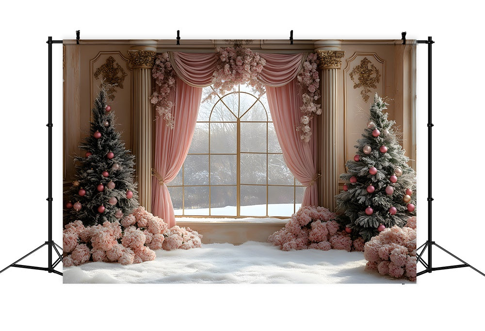 Toile de fond Rideau rose avec vue sur fleurs et fenêtre de Noël RR9-67