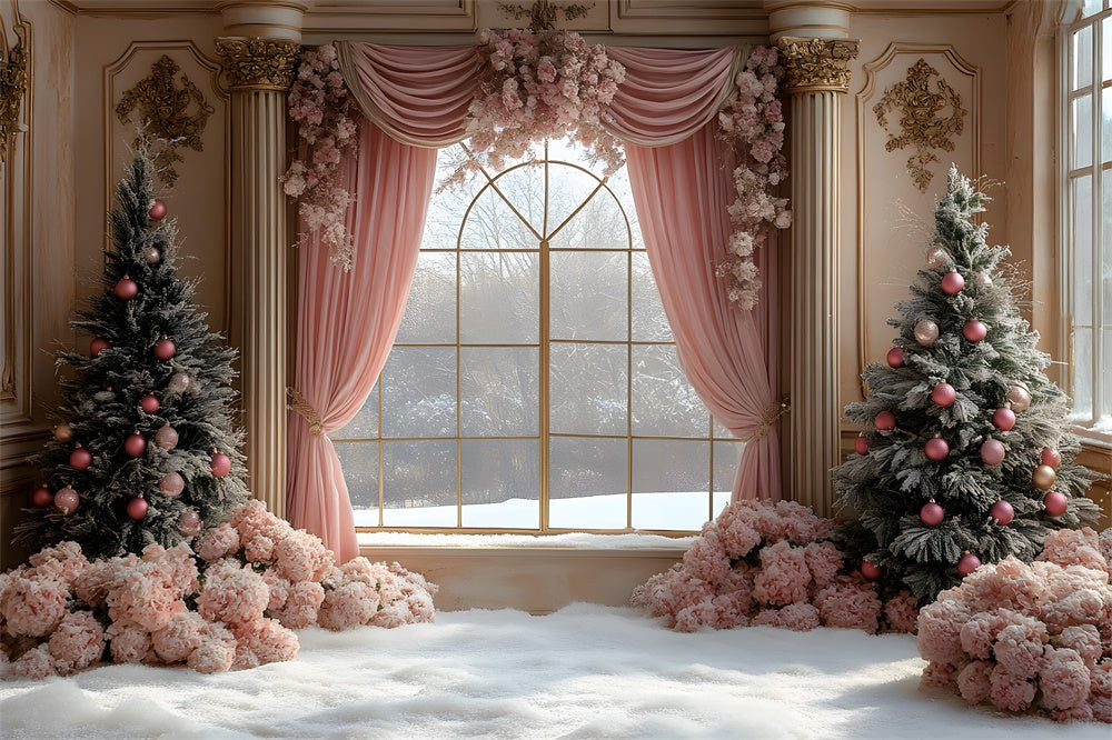 Toile de fond Rideau rose avec vue sur fleurs et fenêtre de Noël RR9-67