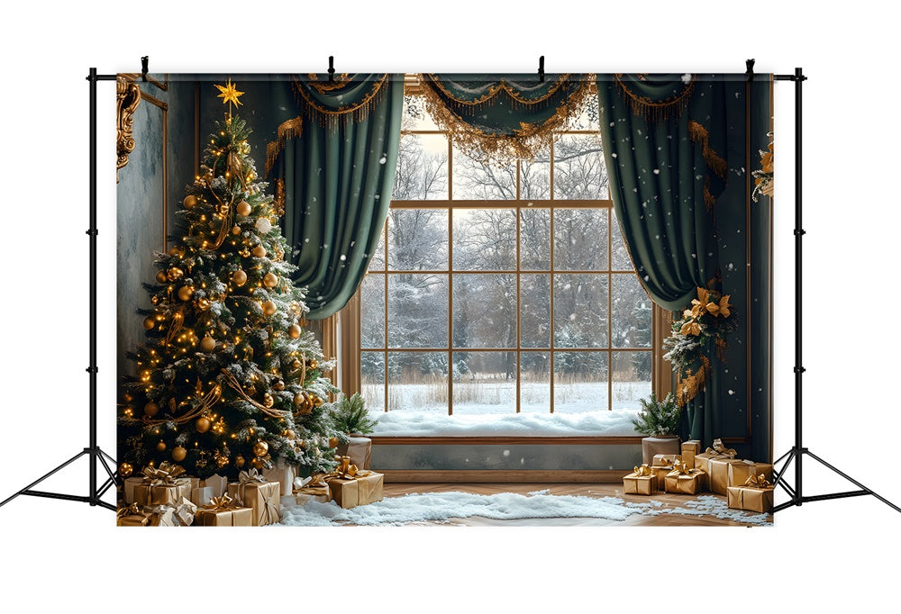 Toile de fond Scène enneigée avec forêt vue depuis fenêtre de Noël RR9-68