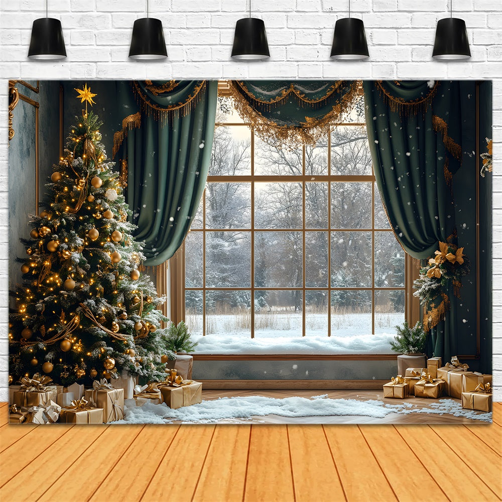 Toile de fond Scène enneigée avec forêt vue depuis fenêtre de Noël RR9-68