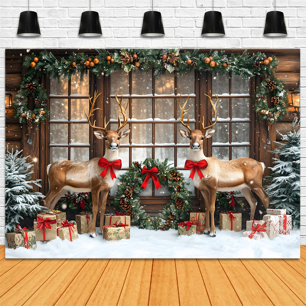 Toile de fond Fenêtre enneigée avec guirlande et renne de Noël RR9-70