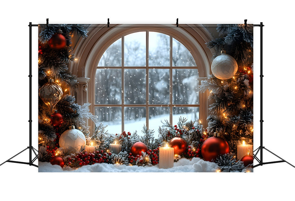 Toile de fond Décorations de boules de Noël avec vue sur flocons depuis fenêtre RR9-71